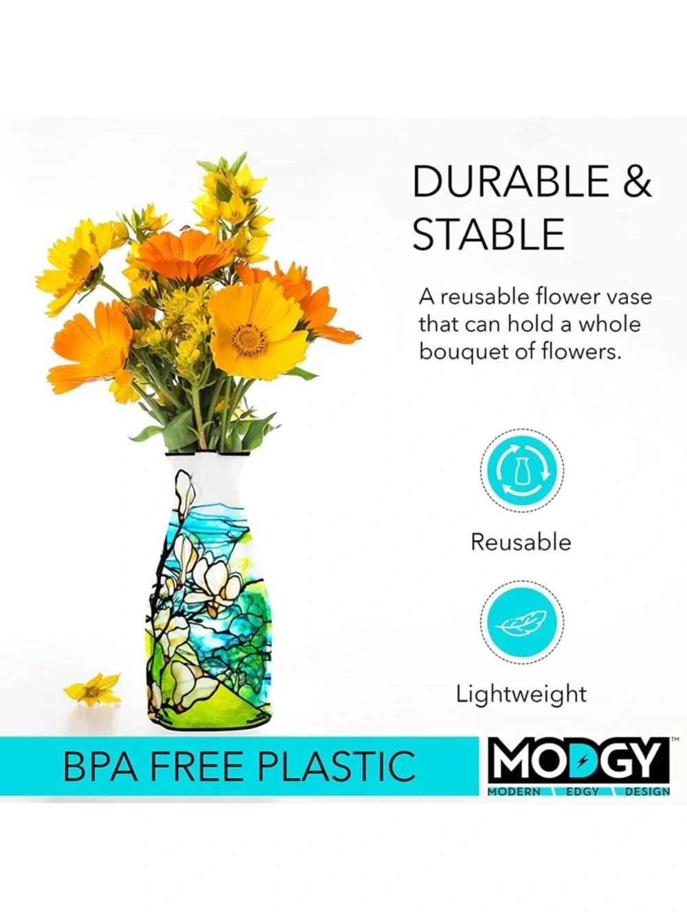 Modgy Blue & Green Floral Expandable plastic Vase. NWT.